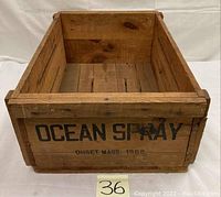Front of the wooden crate showing the Ocean Spray logo and Onset, Mass. 1962 text.