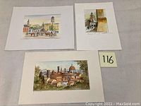 Four watercolor paintings laid flat showing town scenes, street scenes, and neighborhoods. All have matting and are artist signed.