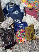 Overview of all 12 bags and purses on patterned carpet including 2 navy bags with hospital logo, colorful floral Vera Bradley lunch bag, embossed maroon Rampage purse, and various embroidered and woven bags.