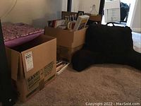 Wide angle photo showing large cardboard boxes filled with books and supplies, and a black plush study pillow on carpet.