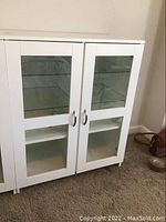Front view of the white cabinet with two glass doors showing exterior with door handles and frame detail.