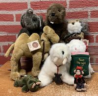 Full set of 8 Boyds Animal plush including elephant, beaver, camel, walrus, squirrel, white mouse, frog bean bag, and tiny monkey with quarter for size reference