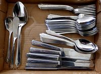 Photo showing the entire flatware set inside a box, organized by type: knives, forks, large spoons, teaspoons.