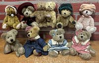 Group photo showing all 10 fully jointed Boyds Bears with various clothing and accessories, seated against patterned background.