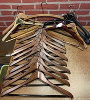 Front view showing layout of 20 clothing hangers including wooden and plastic types with metal hooks and clips.
