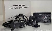 Photo of APEXCAM Car Dash Cam Tour 4S with box, two suction mounts, and power cable.