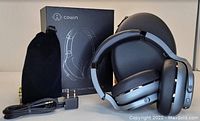 Photo showing Cowin E9 headphones in silver along with black carrying pouch, auxiliary cable, charging cable, USB wall adapter, and audio splitter cords.