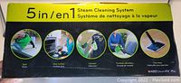 Box showing 5 in 1 steam cleaning system features: spot cleaning, hard surface, garment, furniture upholstery, and floor mop.