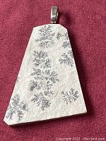 Full pendant showing the irregular trapezoid shape with black fern-like fossil patterns on a light stone base and metal bail at the top.