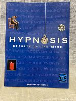 Front cover of 'Hypnosis Secrets of the Mind' book with blue background and images symbolizing hypnosis