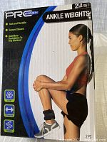 Front of retail packaging showing brand, weight, and key features of the ankle weights.