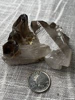 Close-up of smoky quartz cluster next to a Canadian 10-cent coin for size comparison, showing natural crystal points, their smoky coloration, and transparency variations.