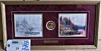 Full view of framed artwork showing pencil sketch, color print, medallion, plaque, and auction tag.