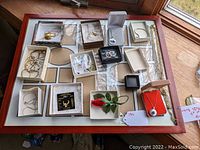 Photo showing assortment of jewelry pieces including necklaces, pins, and bracelets arranged on display case.