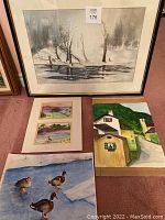 Overview of all five watercolour paintings showing size and subject variety in the lot.
