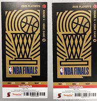 Pair of 2019 Toronto Raptors NBA Finals Game 4 ticket stubs, seats 6 and 7 in ScotiaClub Section 103 Row 29, black and gold design with NBA logo and playoff text.