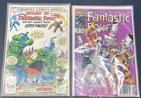 Front cover photo of two Fantastic Four comics, issue #36 (1977) and issue #343 (1990) showing characters and titles.