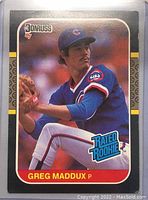Front of 1987 Donruss Greg Maddux baseball card showing full player image and border.