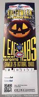 Front view of the hockey game ticket stub showing the Halloween theme, game date October 26, seating section 107, row D, seat 7 at Centre Bell.