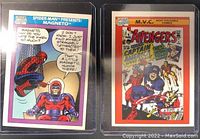 Two Marvel trading cards, one showing Spider-Man Presents Magneto comic art, the other Avengers #4 comic cover art.