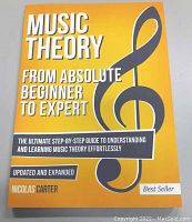 Front cover of the music theory book showing the title, subtitle, author, and a treble clef graphic on a yellow background.