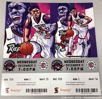 Pair of Raptors vs Clippers ticket stubs featuring player art, date, time, and seating information for December 11, 2019