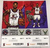 Full view of the Raptors vs Bucks ticket stub set showing both tickets with player and mascot graphics, event details, and seat information.