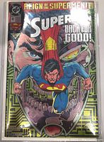 Front cover showing Superman flying with chromed mechanical mouth background and title 'Reign of the Supermen'.