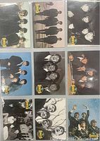 Nine Beatles trading cards arranged in a 3x3 grid in plastic sleeves, displaying various photos of the band
