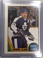 Front side of the Wendel Clark 1987 O-Pee-Chee hockey card showing player image in Toronto Maple Leafs uniform.