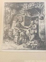 Close-up of engraving showing detailed scene of people outdoors near barrels and building.