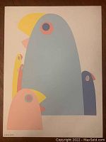 Front view of the full lithograph showing five stylized birds in pastel colors with simple geometric design.