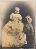 Full view of the large portrait showing the baby and dog sitting side by side in antique style dress and fur, with the baby centrally positioned and the dog sitting on the right side.