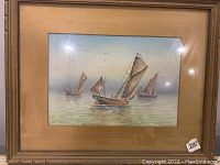 Full framed view of the antique watercolor painting featuring five sailing boats on calm water with sky and birds.