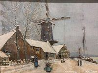 Close-up image of the painting showing the winter landscape with windmill, cottages, figures, and sailboat.