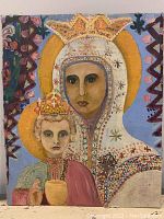 Full view of the antique religious painting showing Madonna and Child with gold halos and detailed garments.