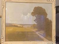Overall view of framed pastel on board landscape painting depicting fields, tree, and path.