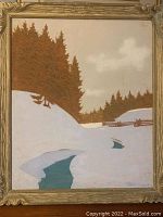 View of entire framed pastel landscape painting depicting snow, evergreen trees, stream