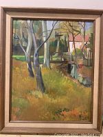 Frontal image of the framed painting showing house, trees, bridge, and creek in muted color palette.