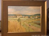 Framed modernist oil painting showing full front view of a rural landscape with fields, houses, hills, and walking figures.