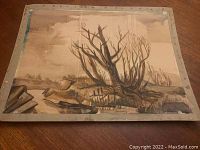 Full view of the old watercolor painting showing leafless trees and the overall composition mounted to cardboard.