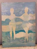 Full view of painting showing two abstract figures in muted tones of blue, green, and beige.
