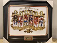 Framed lithograph showing seven hockey players representing the Greater Toronto Hockey League All-Star Team of the Century with decorative border and 100th anniversary logo.