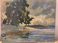 Full view of the landscape oil painting showing trees, water, and sky.