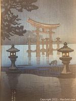 Full view of the print showing torii gate, lanterns and rain effects
