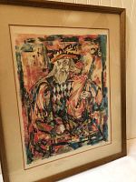 Framed signed lithograph titled 'The Jester' showing full artwork with jester figure seated, holding a scissor-topped staff.