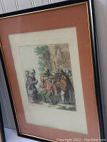 Framed vintage print showing another close view of a rustic outdoor dental scene with characters dressed in historical clothing, a man seated receiving dental attention, and other figures surrounding.