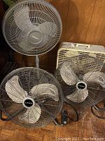 Photo showing four fans: One Ozeri pedestal fan, one Lasko box fan, and two Lasko round fans on a wooden floor against a wood-paneled wall.