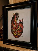 Framed colorful abstract acrylic painting on paper depicting a girl with a bird, signed by Don Chase.