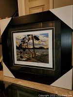 Complete view of framed and matted artwork "West Wind Sketch" by Tom Thomson including protective corner covers on frame.
